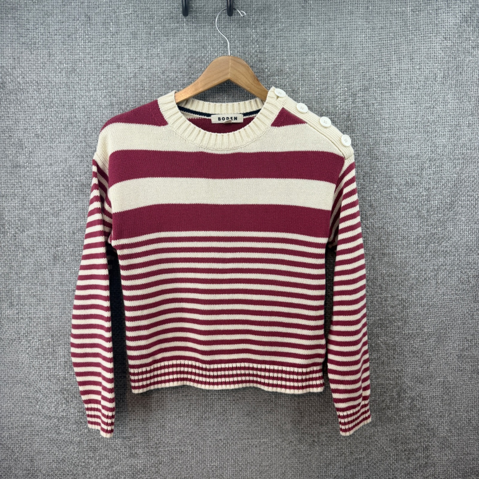 Boden Jemma Chunky 100% Cotton Sweater Women Xs Burgundy Striped Button Accent